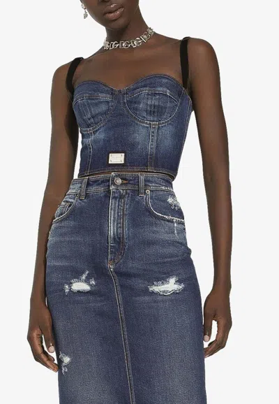 Dolce & Gabbana Logo-plaque Denim Crop Top In Blue