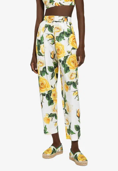 Dolce & Gabbana High-waisted Cotton Pants With Yellow Rose Print In Multicolor