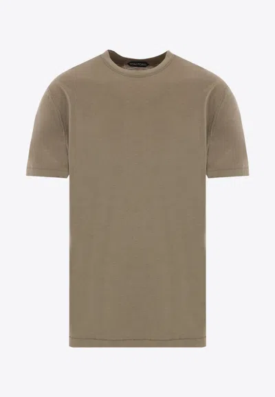 Tom Ford Military Green Crewneck T-shirt With Tf Embroidery In Lyocell And Cotton Blend Man In Khaki