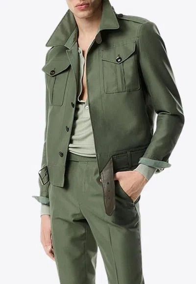 Tom Ford Belted Wool-blend Military Jacket In Green