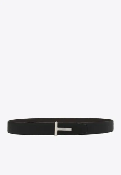 Tom Ford Logo Buckle Grained Leather Belt In Black