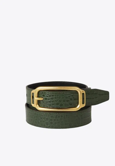Tom Ford Stadium Croc-embossed Leather Belt In Green
