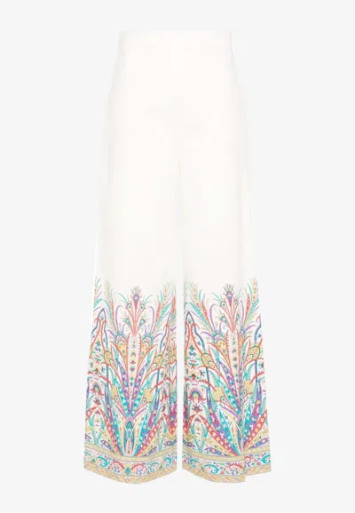 Etro Printed Cotton-blend Wide-leg Pants In White