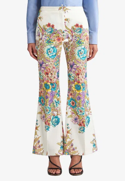 Etro Mid-rise Engineer Bouquet Floral-print Flared Ankle Cotton Pants In Multicolor