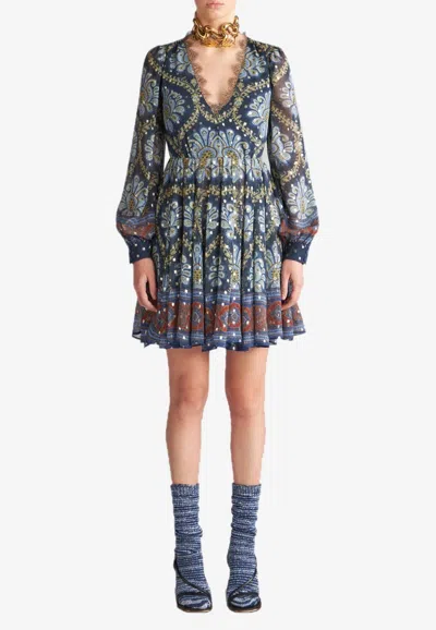 Etro Floral-print Lace-trim Minidress In Multicolor