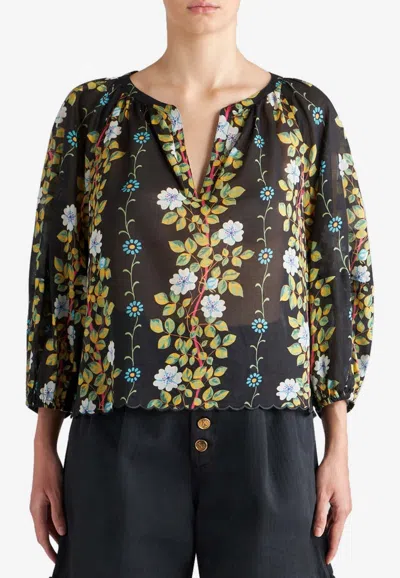 Etro Scalloped Floral-print Cotton-voile Blouse In Multicolor