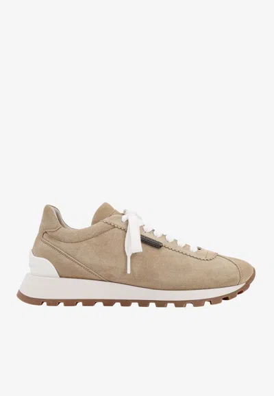 Shop Brunello Cucinelli Suede Low-top Sneakers In Beige