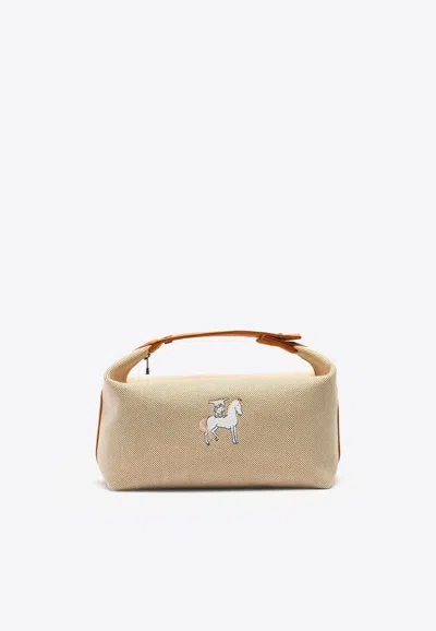 Pre-owned Hermes Large Bride-a-brac Cabriole Pouch In Biscuit Canvas