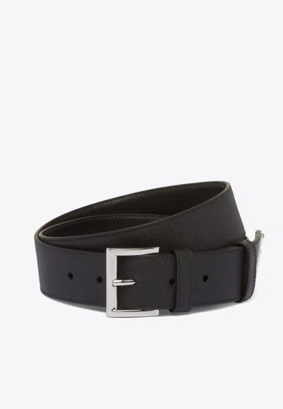 Prada Adjustable Silver-tone Buckle Smooth Finish Belt In Black