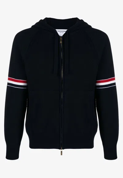 Thom Browne Zip-up Hoodie With Drawstring And Contrast Stripes In Blue