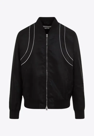Alexander Mcqueen Solid Color Nylon Bomber Jacket With Contrasting Details In Black