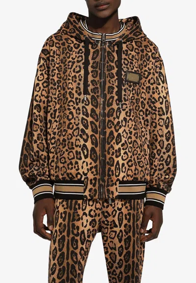 Dolce & Gabbana Leopard-print Cotton Hoodie In Brown