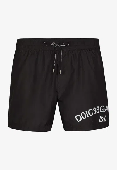 Dolce & Gabbana Black Swim Trunks With Contrasting Logo Print In Nylon Man In Black