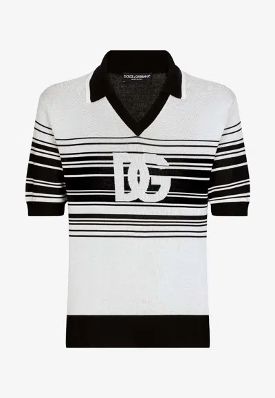 Dolce & Gabbana Stripe-print Silk Polo Shirt In White