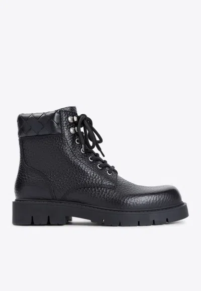 Bottega Veneta Black Grained Calf Leather Haddock Lace Up Ankle Boots In Black