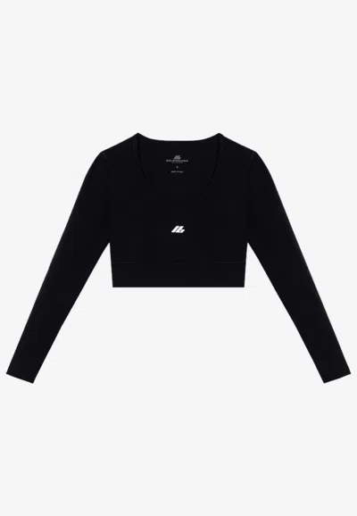 Balenciaga Logo Scoop Neck Cropped Top With Long Sleeves In Black