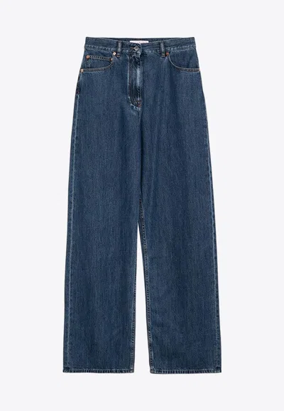 Valentino Logo-patch Wide-leg Jeans In Blue