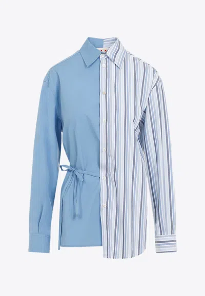 Marni Cotton Shirt With Asymmetric Hem And Striped Pattern In Blue