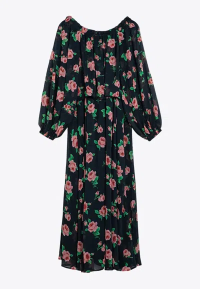 Rotate Birger Christensen Rotate Maxi Multicolor Dress With All-over Roses Print In Chiffon In Blue
