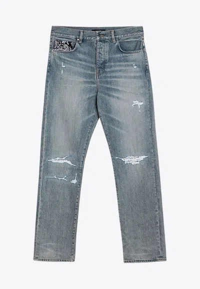 Amiri Light Blue Jeans With Rips And Bandana Detail In Denim Man In Blue