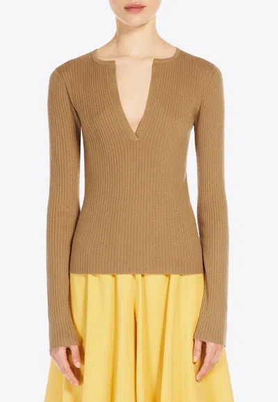 Shop Max Mara Urlo Deep V-neck Sweater In Camel