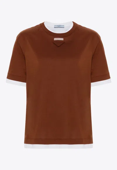 Prada T-shirt With Round Neck And Short Sleeves In Brown
