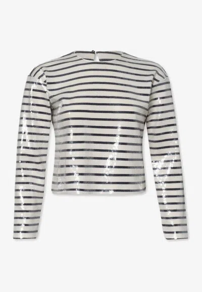 Frame Sequin-embellished Striped T-shirt In White
