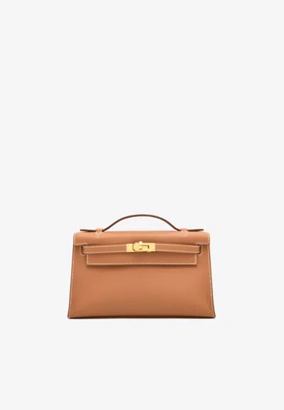 Pre-owned Hermes Kelly Pochette Clutch Bag In Gold Swift Leather With Gold Hardware