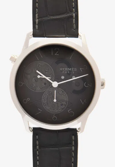 Pre-owned Hermes Slim D'hermès 38mm Watch In Matte Alligator Single Tour Strap With Platinum Case In Graphite