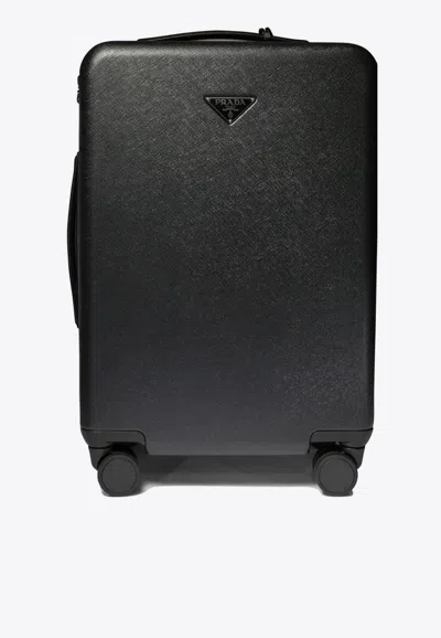 Prada Triangle Logo Leather Suitcase In Black
