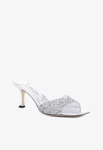Jimmy Choo Glittered Leather Sandals With Sculpted Heel In Silver