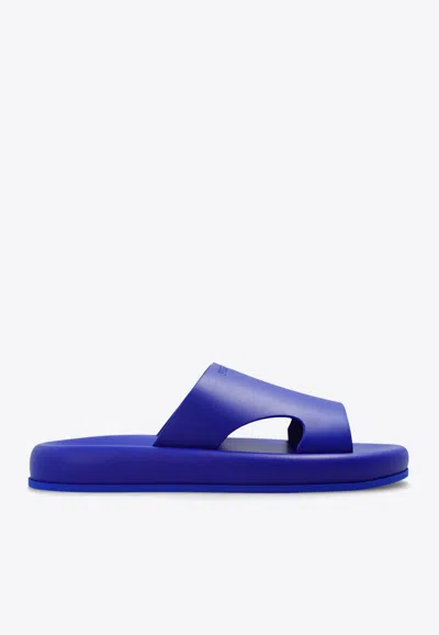 Ferragamo Dolce Leather Flatform Slides In Blue