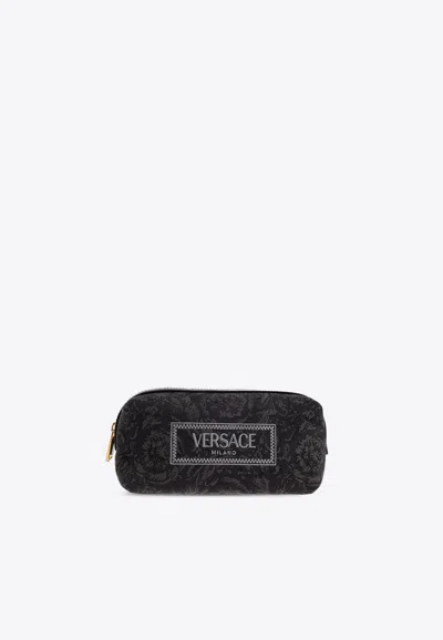 Versace Embroidered Logo Jacquard Pouch Bag In Black