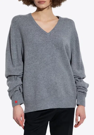 Tory Burch Essential V-neck Wool Sweater In Grey