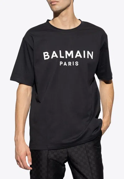 Balmain Black Crewneck T-shirt With Logo Lettering On The Front In Cotton Man In Black