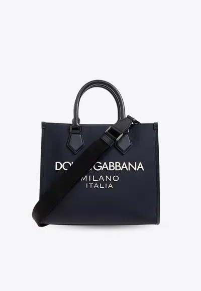 Dolce & Gabbana Logo Embossed Canvas Tote Bag In Navy