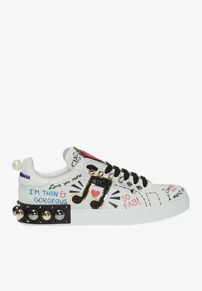 Dolce & Gabbana Music Printed Leather Sneakers With Patch In White