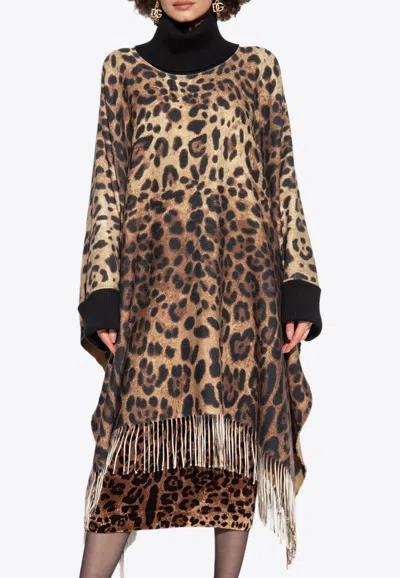 Dolce & Gabbana Leopard Print Sleeved Poncho In Brown
