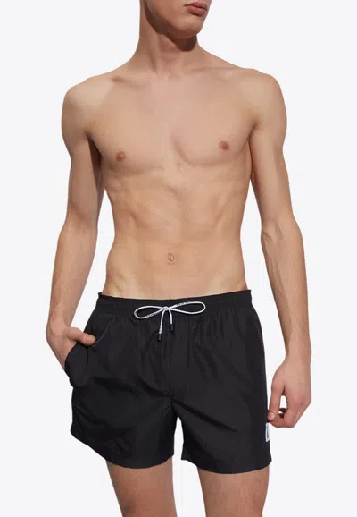 Dolce & Gabbana Printed Swim Trunks With Mid-length And Logo In Black