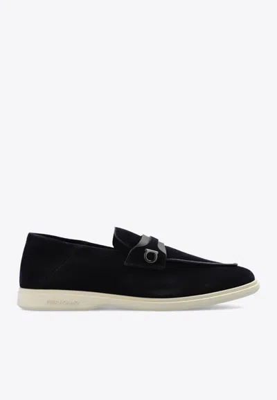Ferragamo Hardware Embellished Round Toe Rubber Sole Loafers In Midnight Blue