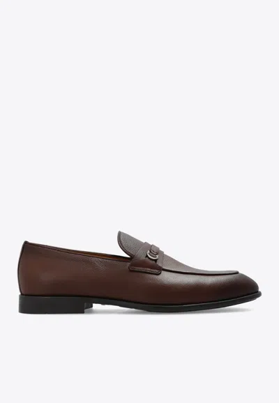 Ferragamo Men's Desio Leather Gancio Penny Loafers In Brown