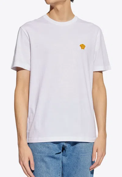 Versace White Crewneck T-shirt With Medusa Embroidery On The Front In Cotton Man In White