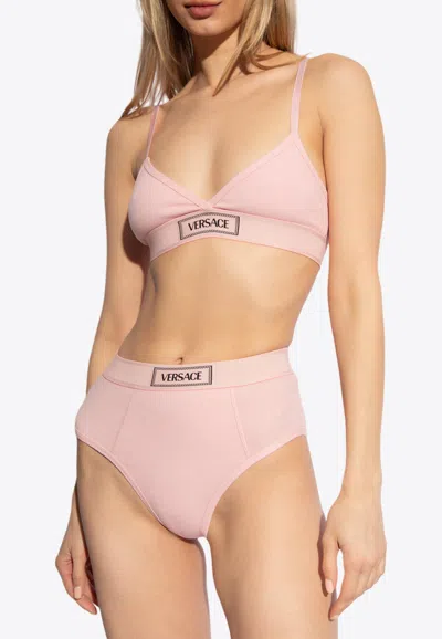 Versace Logo-patch Cotton-blend Bra In Pink