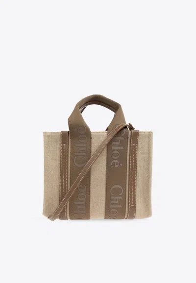 Chloé Woody Small Canvas And Leather Tote Bag In Beige