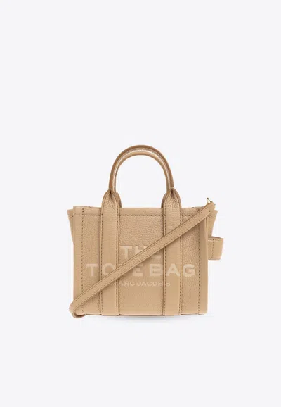 Marc Jacobs 'the Mini Tote' Beige Tote Bag With Logo Lettering On The Front In Grained Leather Woman In Beige