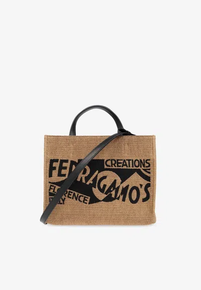 Ferragamo Small Tt Sign Woven Raffia Tote Bag In Beige