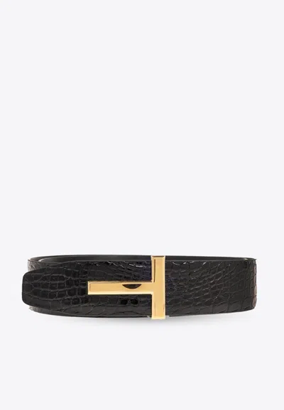 Tom Ford Black Calfskin Leather Belt With Gold T Buckle In Black