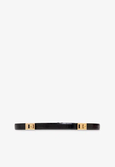 Ferragamo Extendable Hug Belt In Croc-embossed Leather In Black