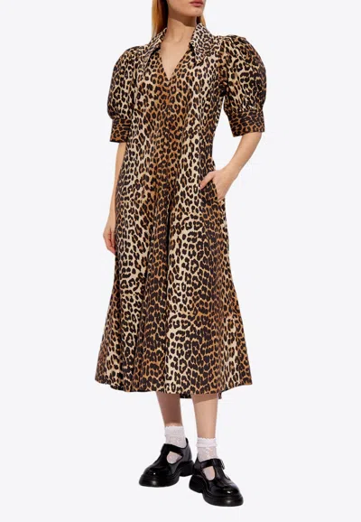 Ganni Leopard Print Poplin Dress In Beige