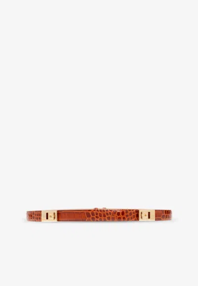 Ferragamo Extendable Hug Belt In Croc-embossed Leather In Brown